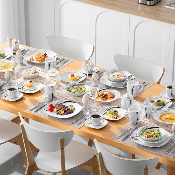 50-Piece White Porcelain Dinnerware Set Service for 6 Tableware (Ribbon Pattern) with Plates Bowls Mugs Cups and Saucers