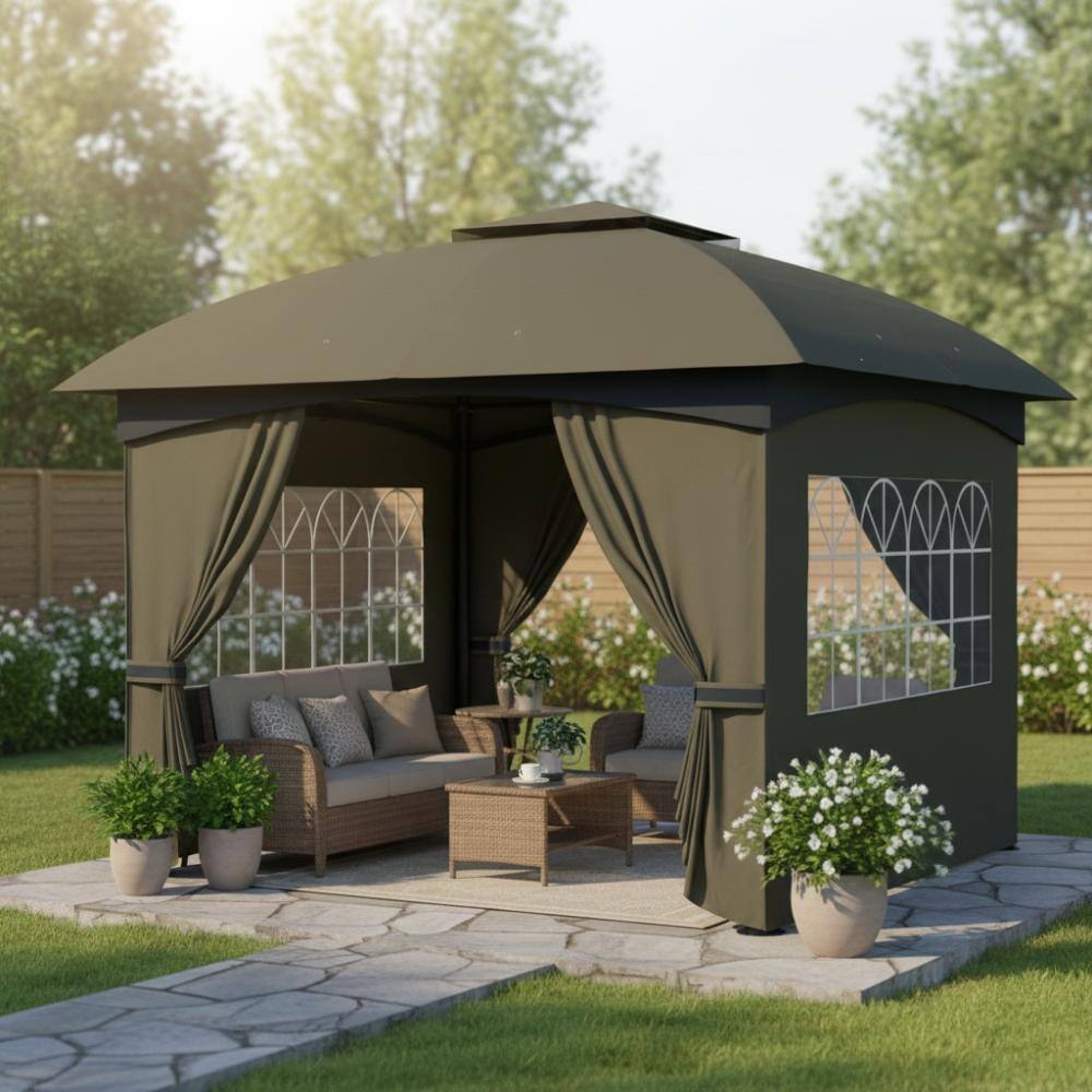 11 ft. x 11 ft. Dark Gray Double Roof Patio Gazebo with Curtains,Church Windows price history on PriceWatchPro