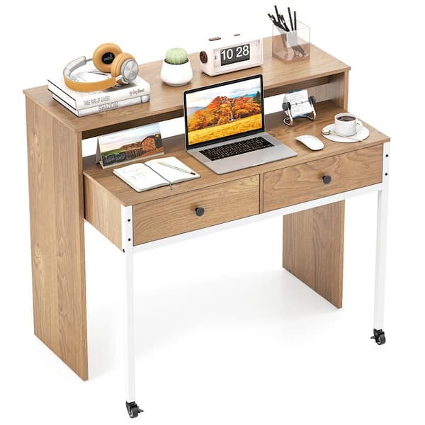 39.5 in. Natural Extendable Computer Desk with 2-Storage Drawers and Monitor Shelf