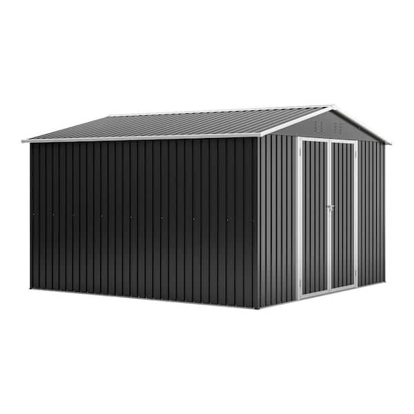 10 ft. W x 10 ft. D Metal Outdoor Storage Shed with Double Pitched Roof Lockable Double Door (100 sq. ft. ) in Black