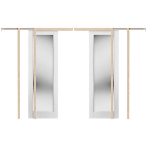 30 in. x 80 in. 1-Lite Mirror Glass White Primed Solid Wood Sliding Pocket Door with Soft Close, Frame and Hardware