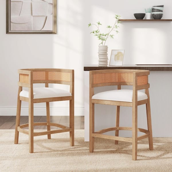 Darius Modern 25.5 in. Natural Oak Solid Wood and Rattan Frame and Beige Fabric Upholstered Arm Barstool, (Set of 2)