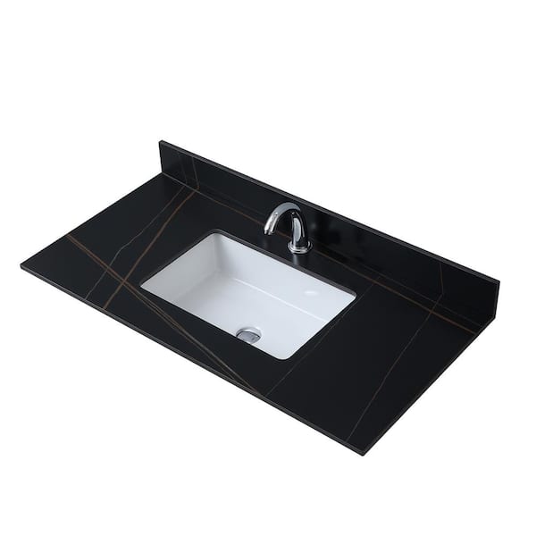 Tileon 43inch bathroom stone vanity top black gold color with undermount ceramic sink and single faucet hole