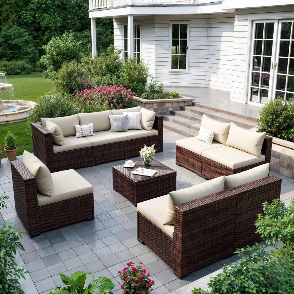 9-Piece Wicker Beige Cushion Patio Conversation Furniture Set price history on PriceWatchPro