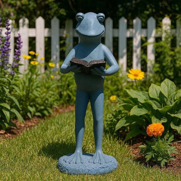 Liv & Skye 18 in. Gray Resin Standing Frog Reading A Book Garden