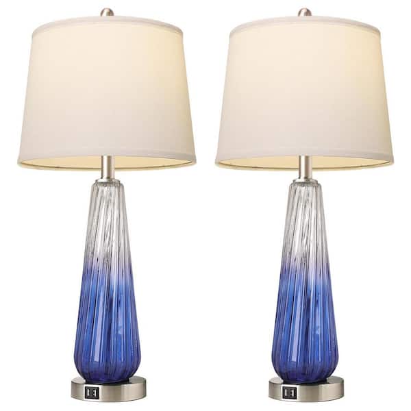 Rottogoon 27.5 in. Modern Table Lamps Dark Bule Glass Bedside Lamps with 2 USB Ports White Fabric Shade for Living Room Bedrooms