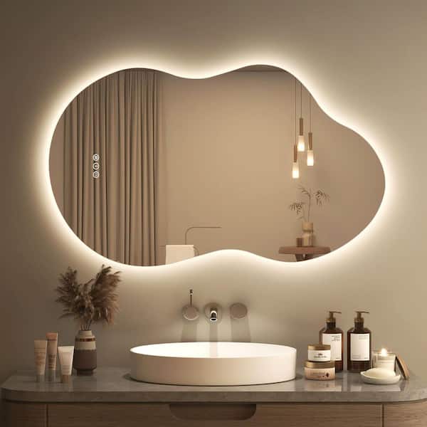 20 in. W x 36 in. H Irregular Frameless LED Lighted Anti-Fog Tempered Glass Asymmetrical Wall Bathroom Vanity Mirror