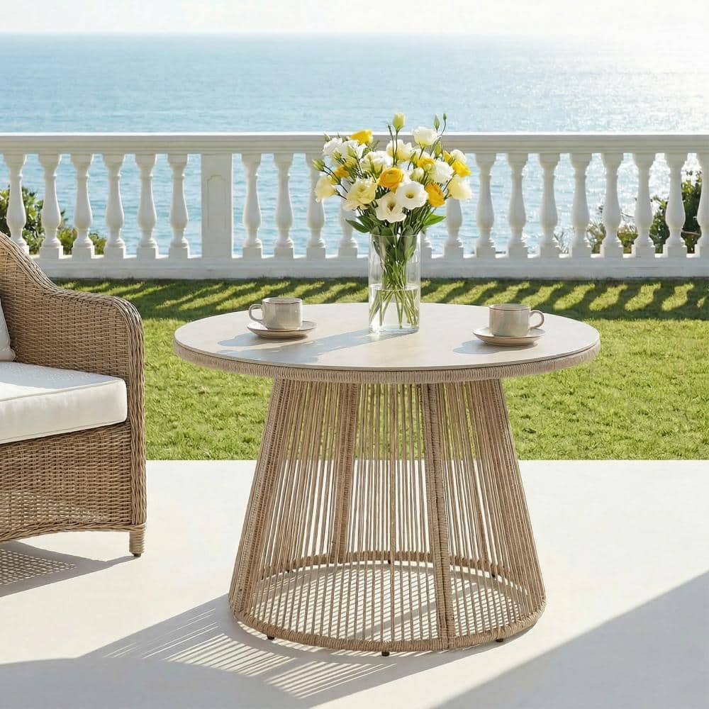 Round Outdoor Dining Table, with PE Wicker Base & Wood-Grain Glass Top price history on PriceWatchPro
