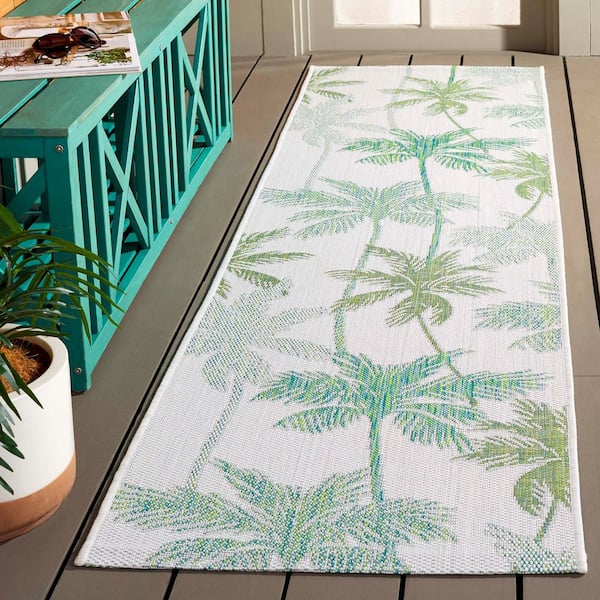 Courtyard Ivory/Green 2 ft. x 8 ft. Botanical Palm Leaf Indoor/Outdoor Runner Rug