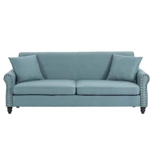 73.3 in. Light Blue Linen Upholstered Rolled Arm 2-Seater Loveseat Sofa with Wood Legs