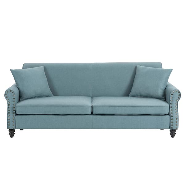 Uixe 73.3 in. Light Blue Linen Upholstered Rolled Arm 2-Seater Loveseat Sofa with Wood Legs