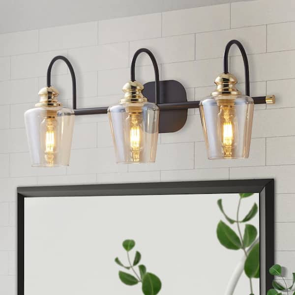 ExBrite Merrin 22.6 in. 3-Light Black Golden Bathroom Vanity Light with Bubble Bordeaux Shades