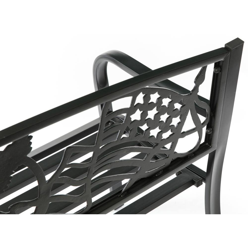 Black Steel Outdoor Patio Bench with Cast Iron American Flag Backrest