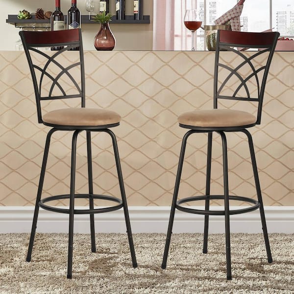 45.5 in. Brown Cushioned Adjustable Height Swivel Bar Stool/Counter Stools Wood Top Rail Backrest (Set of 2)，Metal