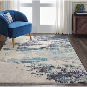 Celestial Ivory/Teal Blue 5 ft. x 7 ft. Abstract Modern Area Rug