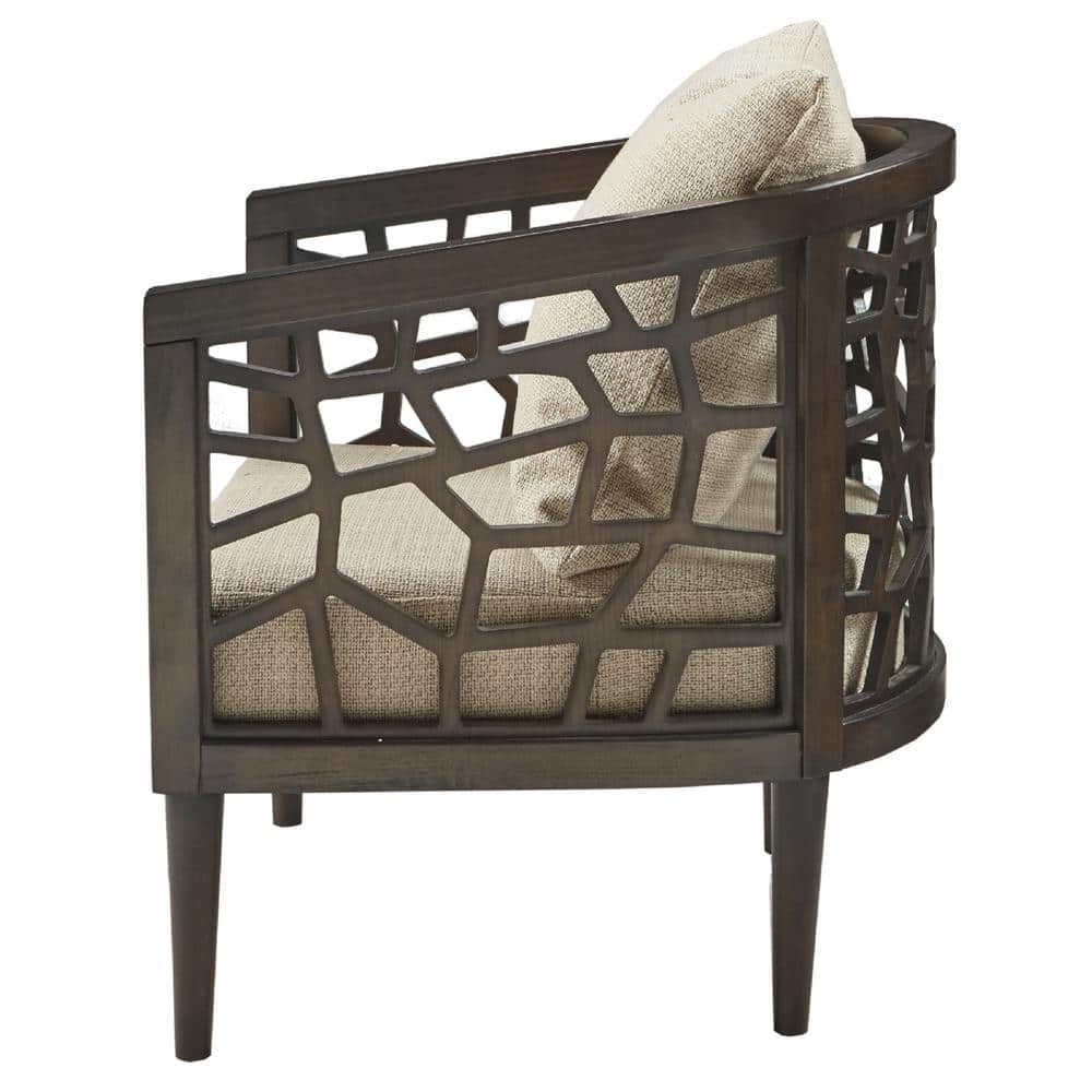 Mid-Century Tan Upholstered Wood Accent Chair with High-Density Foam