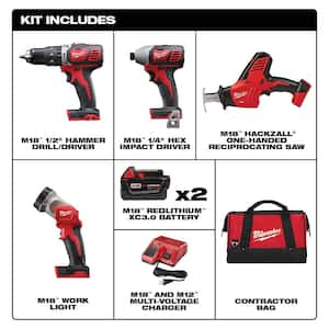 M18 18V Lithium-Ion Cordless Combo Kit (4-Tool) w/(2)3.0Ah Batteries, (1)Charger, (1)Tool Bag, Hole Saw Set(13-Pc)