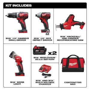 M18 18V Lithium-Ion Cordless Combo Tool Kit (4-Tool) w/(2) 3.0Ah Batteries, (1) Charger, (1) Tool Bag