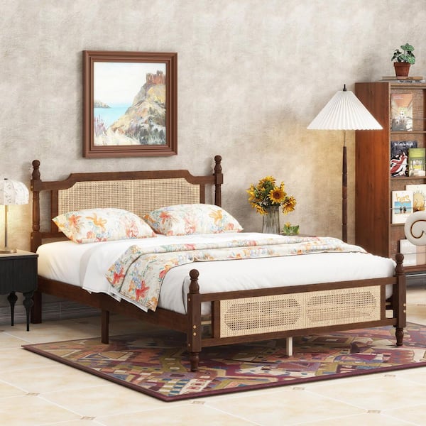 Hanna Walnut Brown Solid Wood Frame Queen Platform Bed with Rattan Headboard