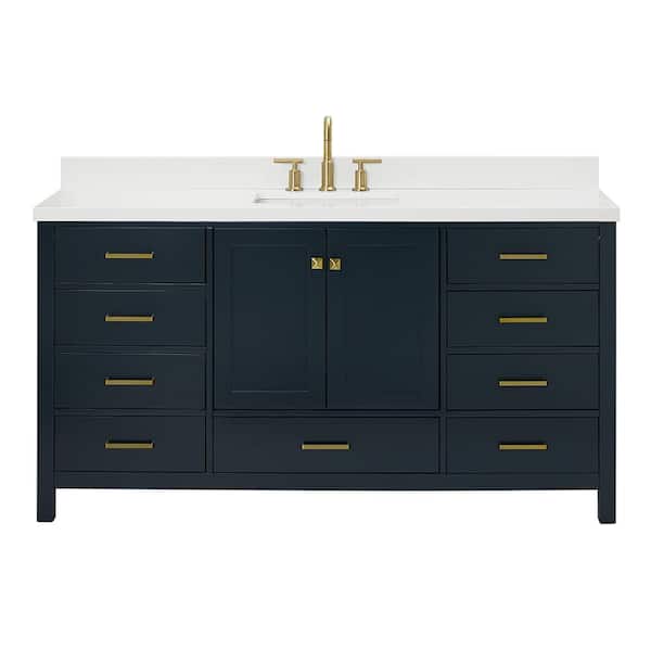 Cambridge 66 in. Single Sink Freestanding Bathroom Vanity in Midnight Blue with Pure White Quartz Top