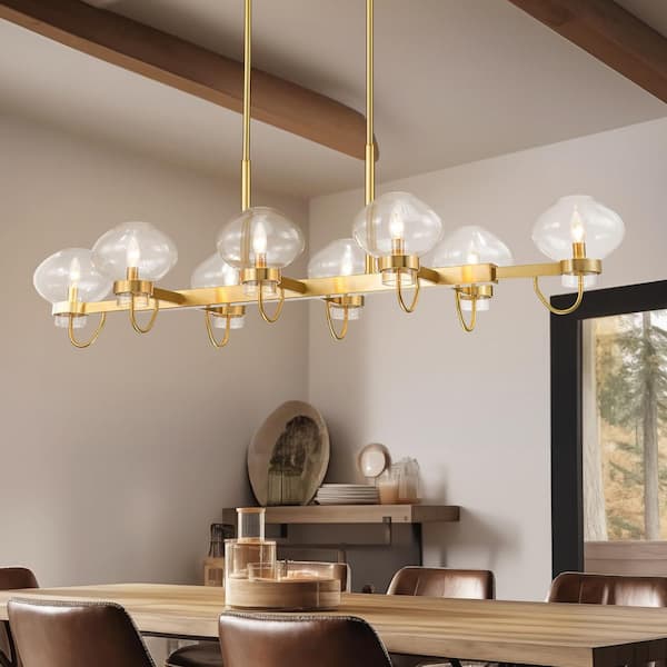 Alaxe 8- Light Aged Brass Linear Chandelier Kitchen Island Pendant Light with Sputnik Glass Bubble