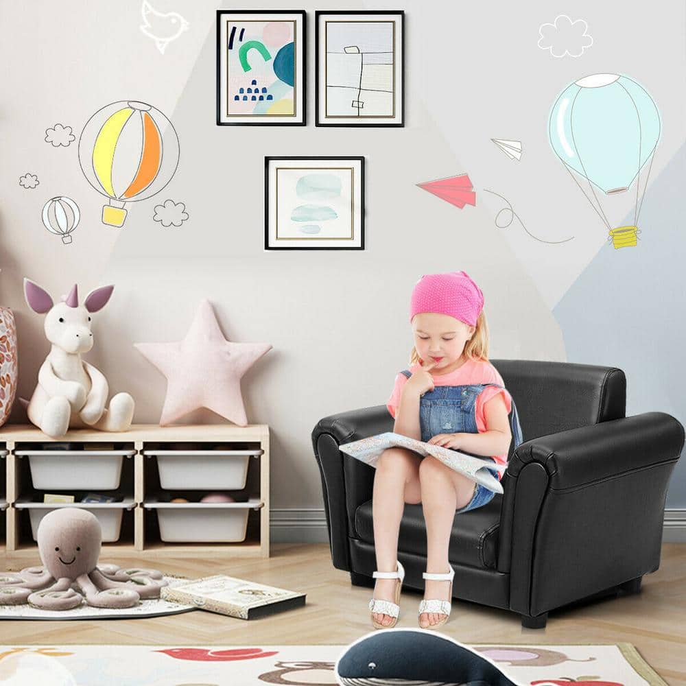 Black Faux Leather Kids Armchair with Ottoman