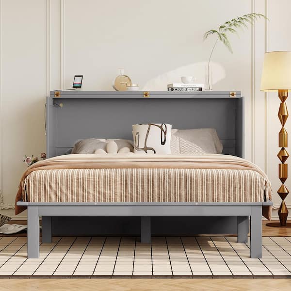 Gray Wood Frame Queen Size Murphy Bed with USB Port and Removable Shelves on Each Side
