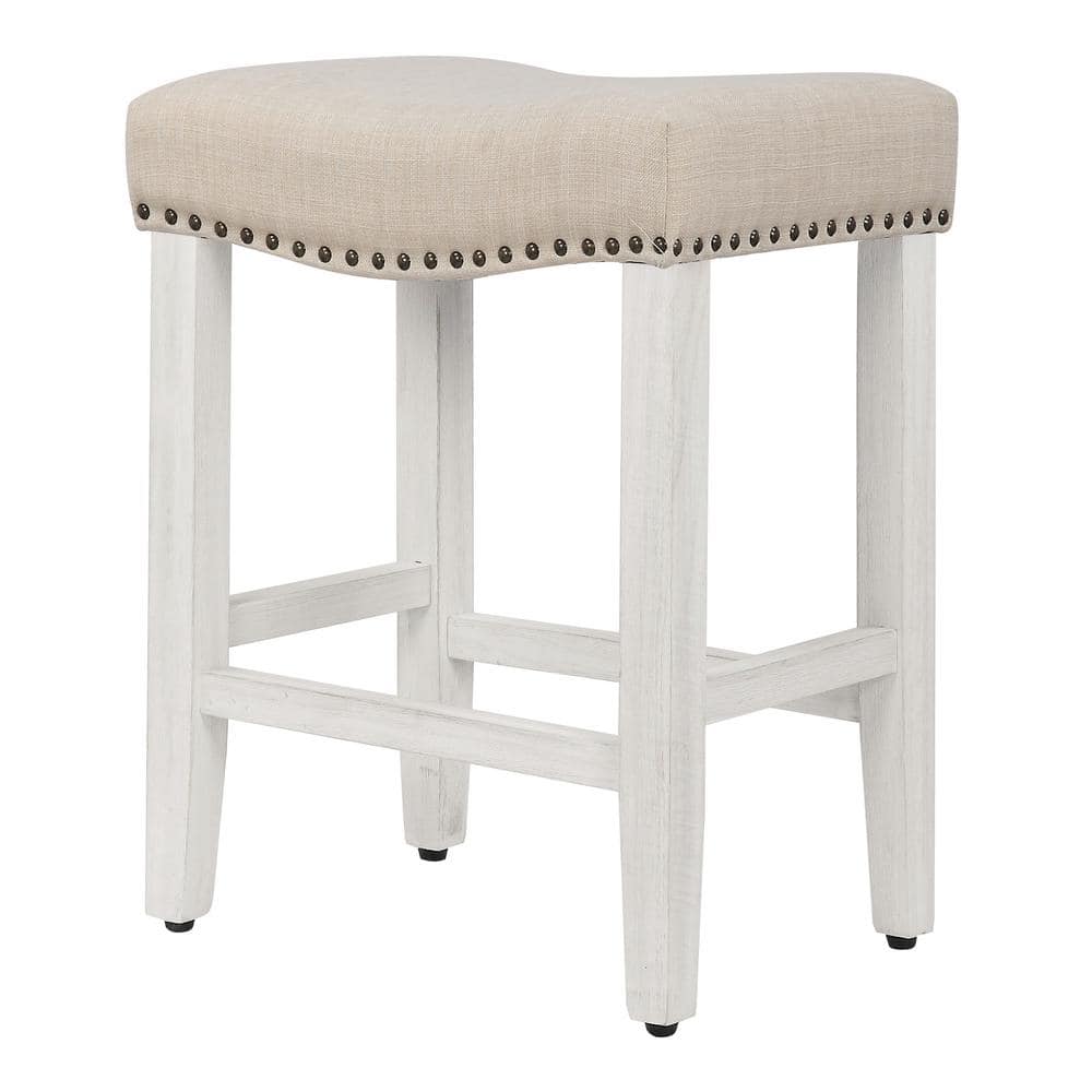 Antique White-Beige Upholstered Saddle Seat 24" Bar Stool Set