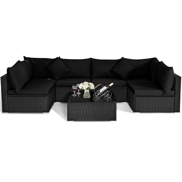 FORCLOVER 7Piece Wicker Outdoor Sectional Set with 14 Black Cushions
