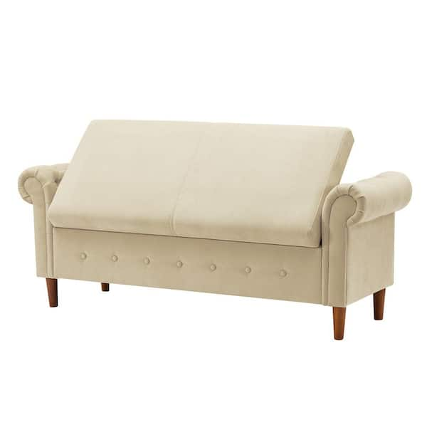 Beige Linen Tufted Foot Stool - 9''H, Rectangle Footrest for Sofa, Non-Slip  Pads