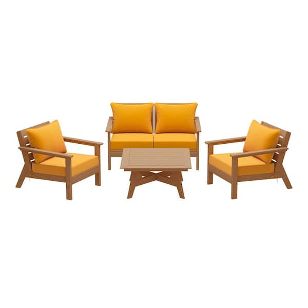 WESTIN OUTDOOR Birchwood Teak Arrangeable 5-Piece Outdoor Patio HDPE Deep Seating Conversation Lounge Set w/ Yellow Cushions