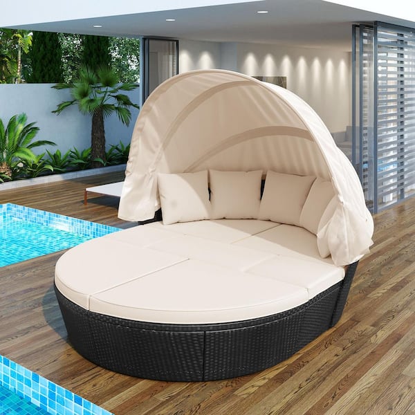 Nestfair Black Wicker Outdoor Sectional Round Daybed with Retractable Canopy and Beige Washable Cushions