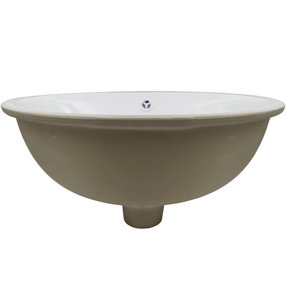 Oval Undermount White and Beige Porcelain Bathroom Sink with Chrome Drain