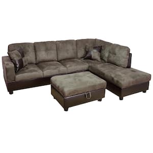 StarHomeLiving 103.50 W Square Arm 3-piece Microfiber Straight Sectional Sofa in Brown w/Storage Ottoman