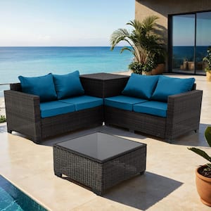 4-Piece Brown Wicker Outdoor Sectional Set with Peacock Blue Cushions and Storage Box