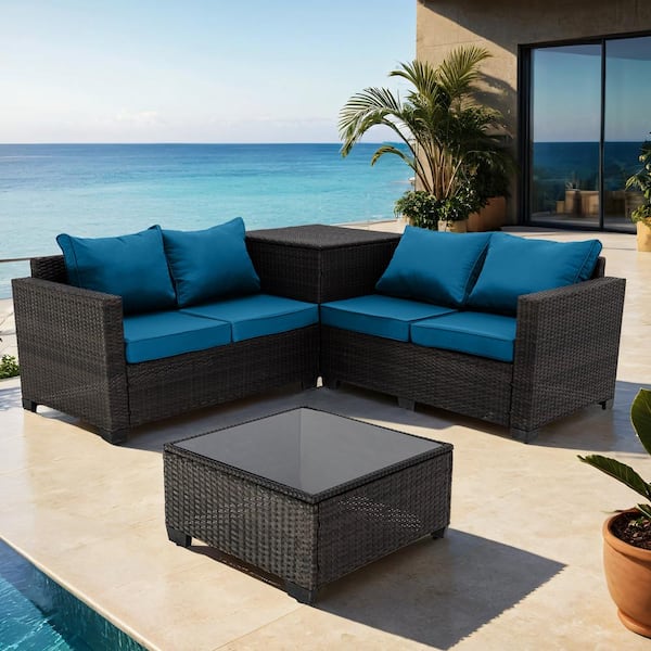 Unbranded 4-Piece Brown Wicker Outdoor Sectional Set with Peacock Blue Cushions and Storage Box