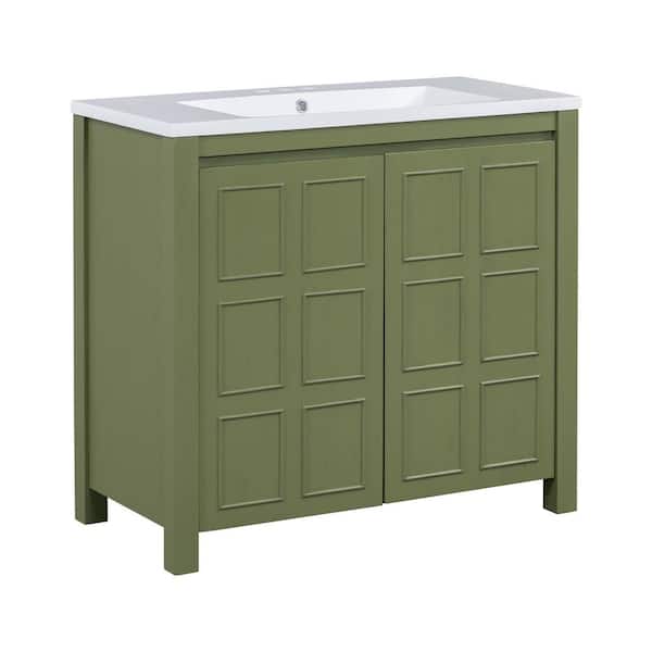 36 in. W x 18 in. D x 34 in. H Single Sink Freestanding Olive Green Bath Vanity with White Resin Top