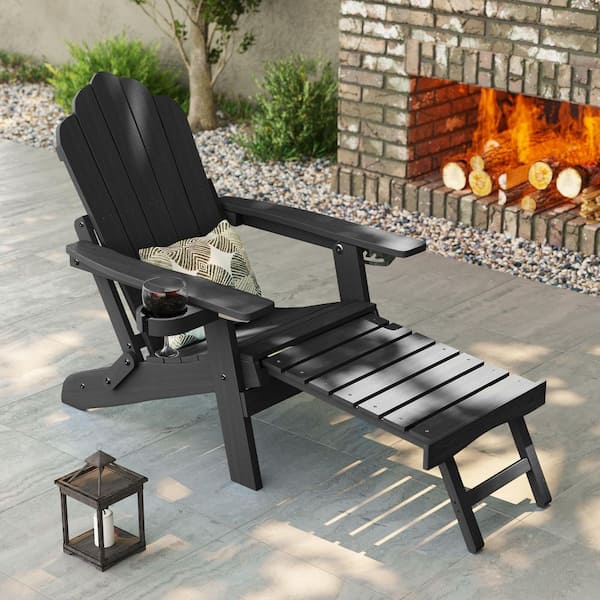 Sonkuki Black Folding Adirondack Chair with Retractable Ottoman, Weather Resistant Fire Pit Patio Chair with Cup Holder