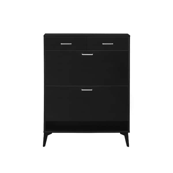 FUNKOL 31.49 in. x 9.44 in. x 42.12 in. Freestanding Flip-Top Bucket Shoe Cabinet in Black MDF with 2 Flip-Top 2-Drawers