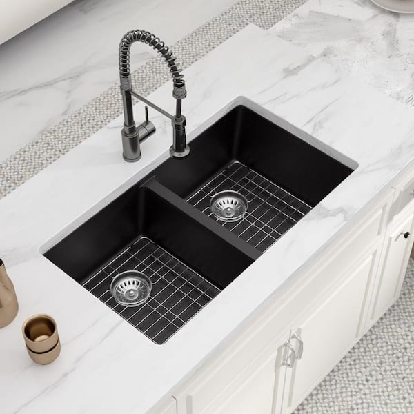 33 in. Undermount Black Quartz Composite Double Bowl Kitchen Sink with Bottom Grids and Strainer