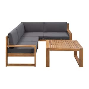 Modern Acacia Wood Outdoor Patio Sectional Sofa Set Conversation Set with Gray Cushions Outdoors and Indoors (3-Piece)