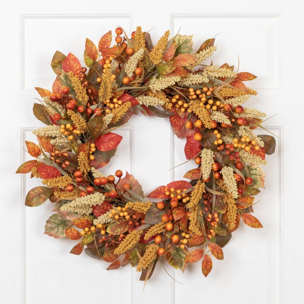 24 in. Orange Unlit Autumn Leaves Grass Blades and Berries Artificial Fall Harvest Wreath price history on PriceWatchPro