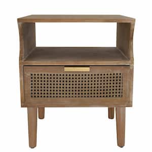 Farmhouse 1-Drawer Rattan Brown Nightstand with Open Shelf, 22 in. H x 18.1 in. L x 15.2 in. W