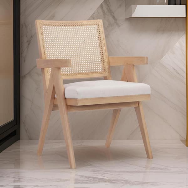 Benjara Brown, Beige and Off White Velvet Armchair with Cane Back and Wooden Frame