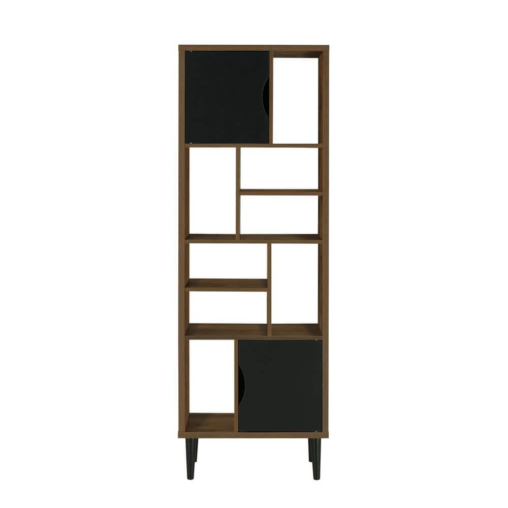 Tall Black and Danish Walnut Wood Bookcase with Doors