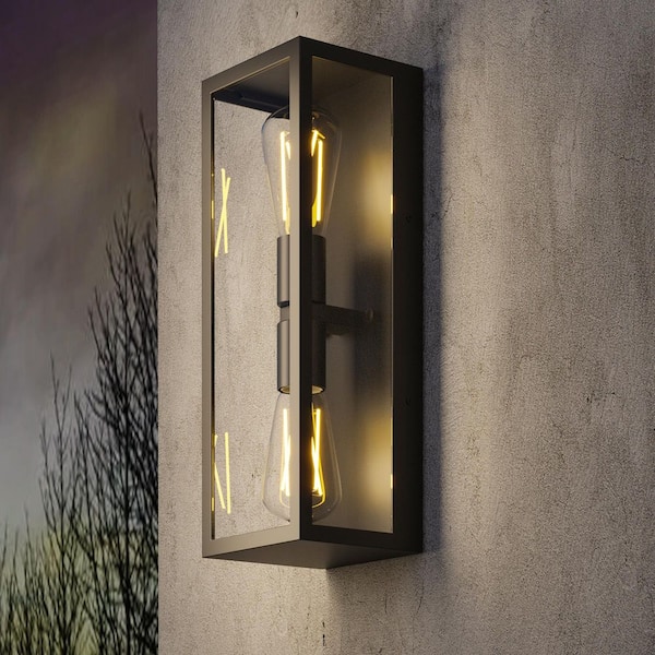Hawaii 15.35 in. H 2-Light Modern Black Dusk to Dawn Outdoor Rectangle Hardwired Lantern Sconce with No Bulbs Included