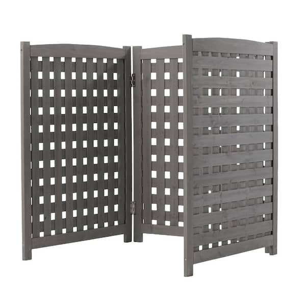 3-Panel Solid Wood Air Conditioning Enclosure Screen, Gridded Outdoor Privacy Fence, Grey