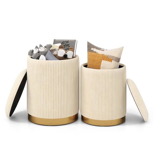 Costway Beige and Golden Velvet Round Storage Small Ottoman