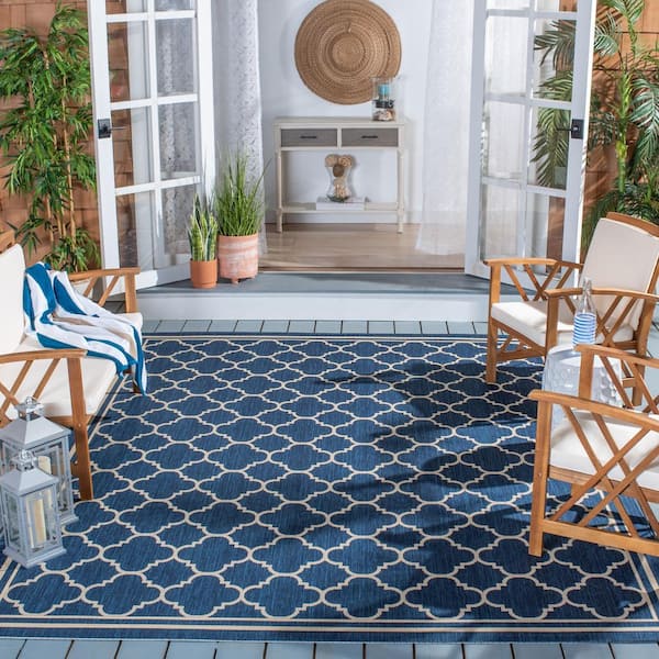 Courtyard Navy/Beige 8 ft. x 10 ft. Transitional Geometric Moroccan Indoor/Outdoor Patio Area Rug