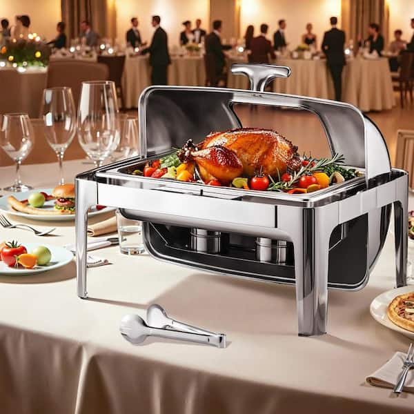 Roll Top Chafing Dish Set, 4 qt. Stainless Steel Chafer with 2 Half Size Pans, Rectangle Catering Warmer, Silver